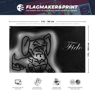A mockup depicting custom flag specifications and measurements for 'Fido flag'