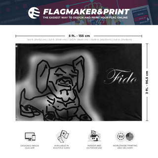 A mockup depicting custom flag specifications and measurements for 'Fido flag'
