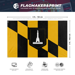 A mockup depicting custom flag specifications and measurements for 'Flag of Baltimore, Maryland'