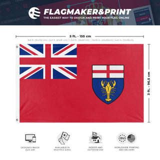 A mockup depicting custom flag specifications and measurements for 'Flag of Canadian New Ireland'