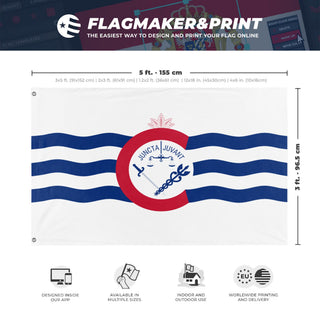 A mockup depicting custom flag specifications and measurements for 'Flag of Cincinnati, Ohio'