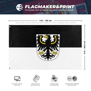 A mockup depicting custom flag specifications and measurements for 'Flag of East Prussia'