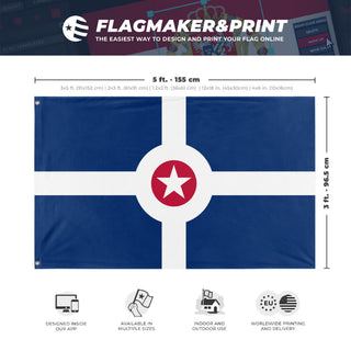 A mockup depicting custom flag specifications and measurements for 'Flag of Indianapolis, Indiana'