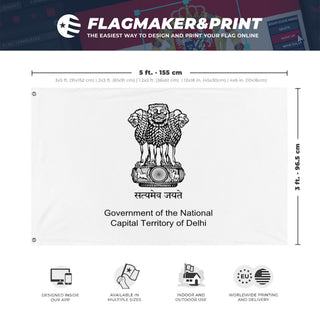 A mockup depicting custom flag specifications and measurements for 'Flag of New Delhi'