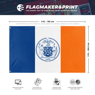 A mockup depicting custom flag specifications and measurements for 'Flag of New York City'