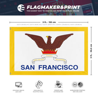 A mockup depicting custom flag specifications and measurements for 'Flag of San Francisco, California'