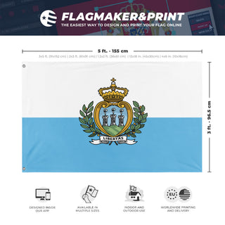 A mockup depicting custom flag specifications and measurements for 'Flag of San Marino'