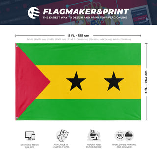 A mockup depicting custom flag specifications and measurements for 'Flag of Sao Tome and Principe'