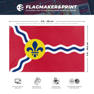 A mockup depicting custom flag specifications and measurements for 'Flag of St. Louis, Missouri'
