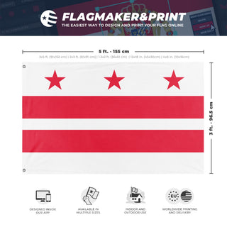 A mockup depicting custom flag specifications and measurements for 'Flag of Washington, D.C.'