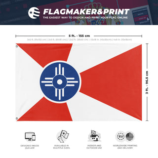 A mockup depicting custom flag specifications and measurements for 'Flag of Wichita, Kansas'