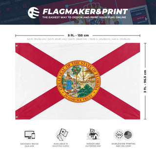A mockup depicting custom flag specifications and measurements for 'Florida State Flag'