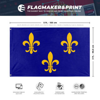 A mockup depicting custom flag specifications and measurements for 'French Royal Flag'