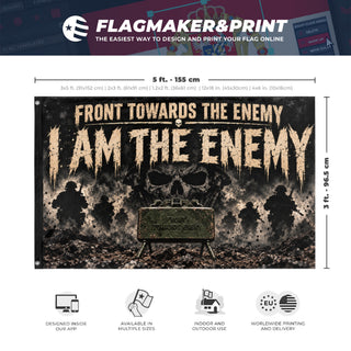 A mockup depicting custom flag specifications and measurements for 'Front Towards the Enemy flag'