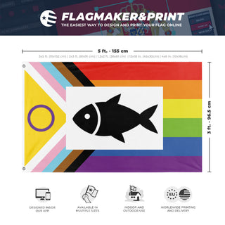 A mockup depicting custom flag specifications and measurements for 'GAY FISH flag'