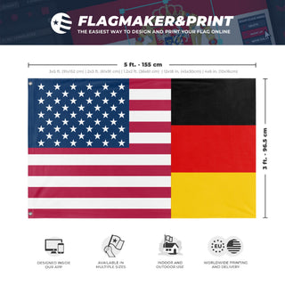 A mockup depicting custom flag specifications and measurements for 'German American Heritage Flag'