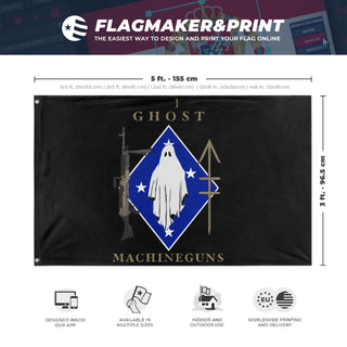 A mockup depicting custom flag specifications and measurements for 'Ghost Rifle Flag'
