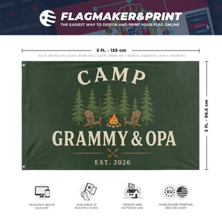 A mockup depicting custom flag specifications and measurements for 'Grandparents Outdoors Flag'