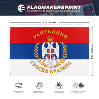 A mockup depicting custom flag specifications and measurements for 'Great Seal Serbian Krajine flag'