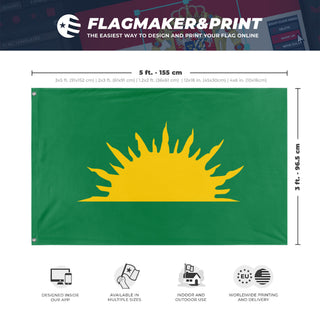 A mockup depicting custom flag specifications and measurements for 'Green Sunburst flag'
