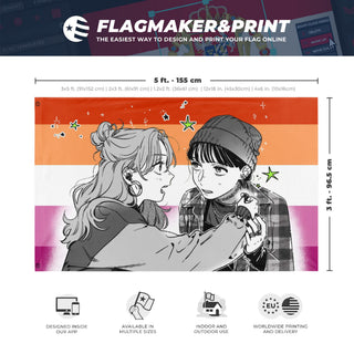 A mockup depicting custom flag specifications and measurements for 'Green Yuri Lesbian flag'