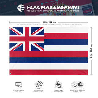 A mockup depicting custom flag specifications and measurements for 'Hawaii State Flag'
