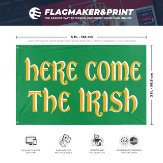 A mockup depicting custom flag specifications and measurements for 'Here Come The Irish flag'