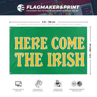 A mockup depicting custom flag specifications and measurements for 'Here Come the Irish flag'