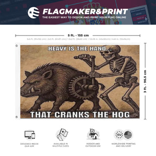 A mockup depicting custom flag specifications and measurements for 'Hog flag'