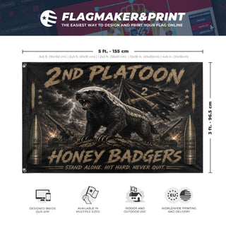 A mockup depicting custom flag specifications and measurements for 'Honey Badger flag'