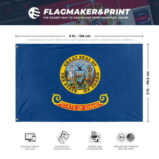A mockup depicting custom flag specifications and measurements for 'Idaho State Flag'