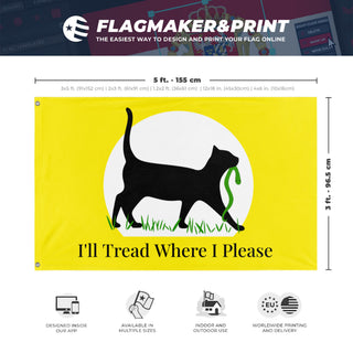 A mockup depicting custom flag specifications and measurements for 'I'll Tread Where I Please flag'
