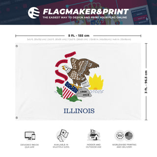 A mockup depicting custom flag specifications and measurements for 'Illinois State Flag'