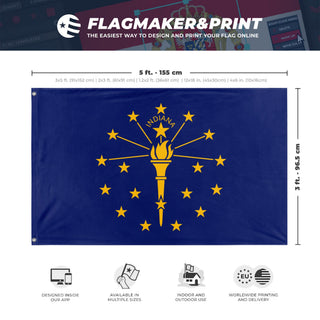 A mockup depicting custom flag specifications and measurements for 'Indiana State Flag'