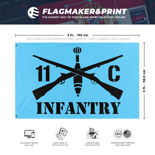A mockup depicting custom flag specifications and measurements for 'Infantry Army Unit flag'