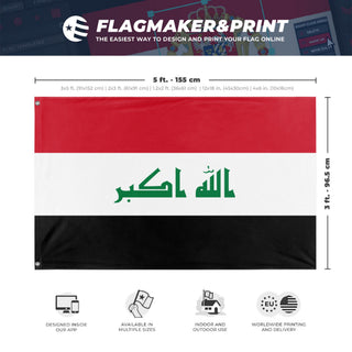 A mockup depicting custom flag specifications and measurements for 'Iraq flag'