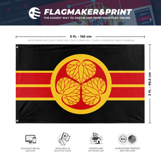 A mockup depicting custom flag specifications and measurements for 'Japanese Shogunate Flag'