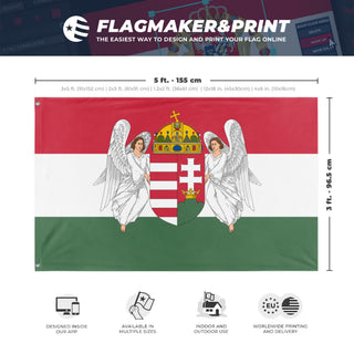 A mockup depicting custom flag specifications and measurements for 'Kingdom Of Hungary Flag'