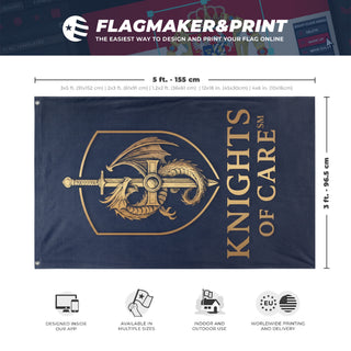 A mockup depicting custom flag specifications and measurements for 'Knights of Care Vertical flag'