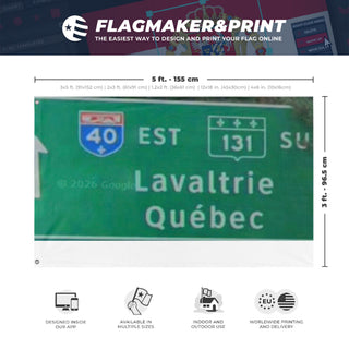 A mockup depicting custom flag specifications and measurements for 'Lavaltrie flag'