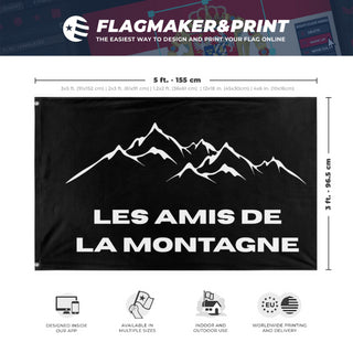 A mockup depicting custom flag specifications and measurements for 'Les Amis De La montagne  flag'