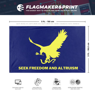 A mockup depicting custom flag specifications and measurements for 'Liberalist Flag'