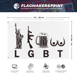 A mockup depicting custom flag specifications and measurements for 'Liberty, Guns, Beer, Tits Flag'