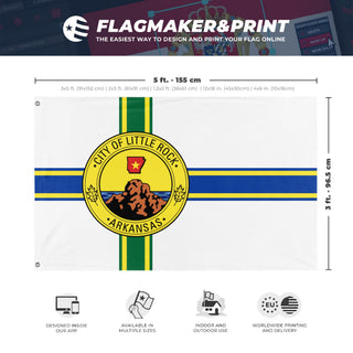 A mockup depicting custom flag specifications and measurements for 'Little Rock City Flag'
