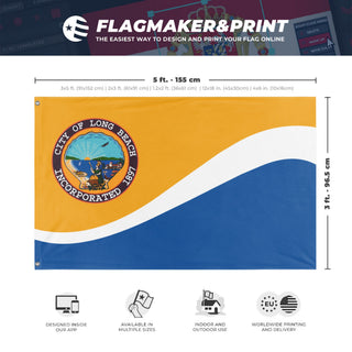 A mockup depicting custom flag specifications and measurements for 'Long Beach City Flag'