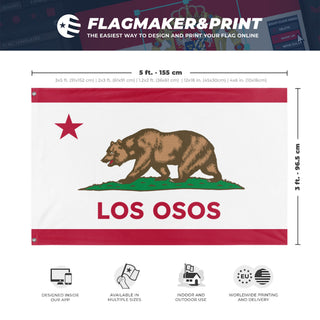A mockup depicting custom flag specifications and measurements for 'Los Osos flag'