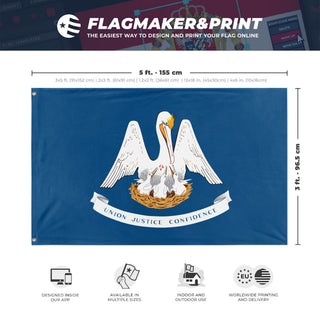 A mockup depicting custom flag specifications and measurements for 'Louisiana State Flag'