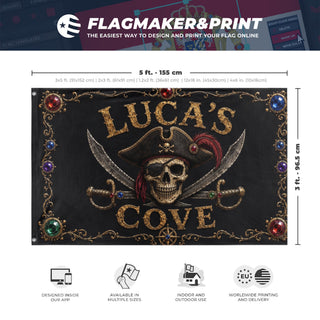 A mockup depicting custom flag specifications and measurements for 'Luca's Cove flag'