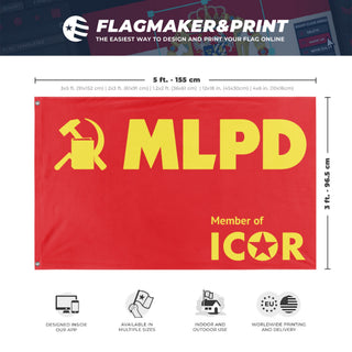 A mockup depicting custom flag specifications and measurements for 'MLPD flag'
