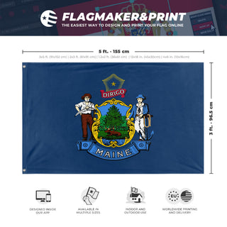A mockup depicting custom flag specifications and measurements for 'Maine State Flag'